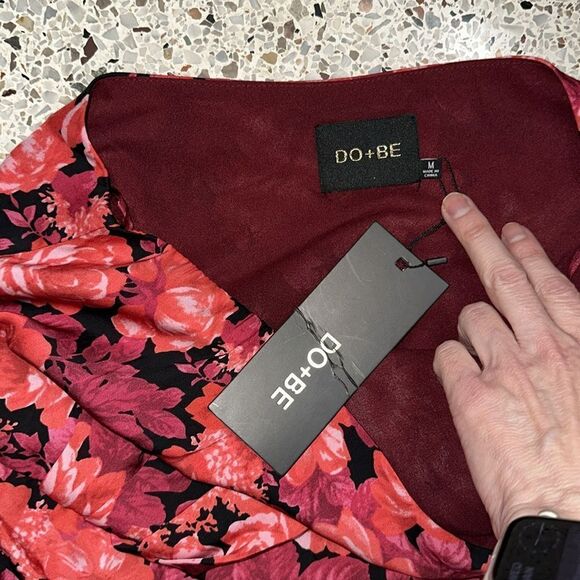 Do+Be  medium m red pink floral midi dress side zip flutter sleeve - Picture 3 of 7